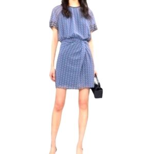 Reiss Blue Geometric Short-Sleeve Tie-Waist Mini Dress